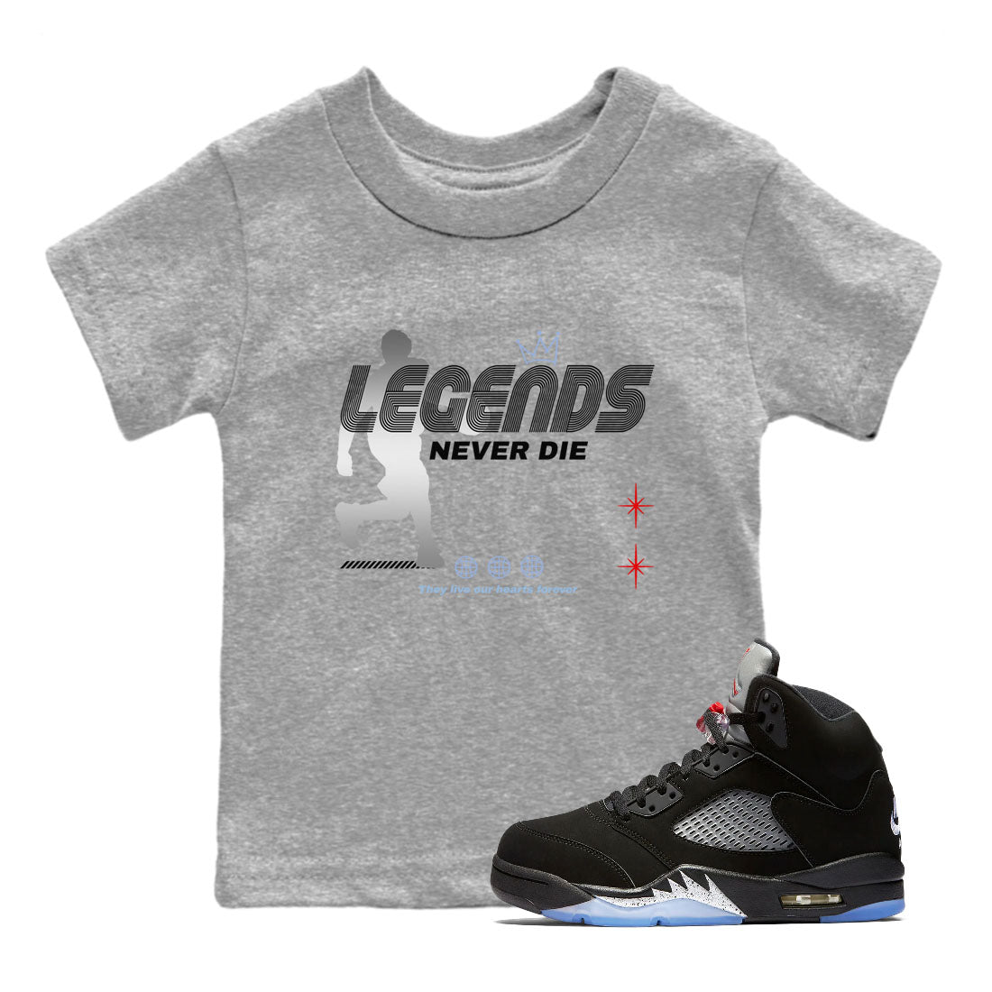 5s Black Metallic Reimagined shirts to match jordans Legends Never Die best t shirts to wear with jordans Air Jordan 5 Reimagined match shoes to clothes SNRT Sneaker Tees Youth Baby Heather Grey 1 tee