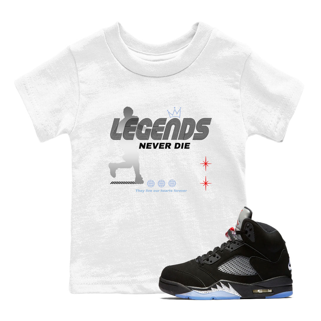 5s Black Metallic Reimagined shirts to match jordans Legends Never Die best t shirts to wear with jordans Air Jordan 5 Reimagined match shoes to clothes SNRT Sneaker Tees Youth Baby White 1 tee