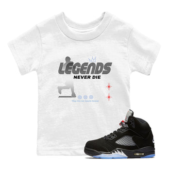 5s Black Metallic Reimagined shirts to match jordans Legends Never Die best t shirts to wear with jordans Air Jordan 5 Reimagined match shoes to clothes SNRT Sneaker Tees Youth Baby White 1 tee