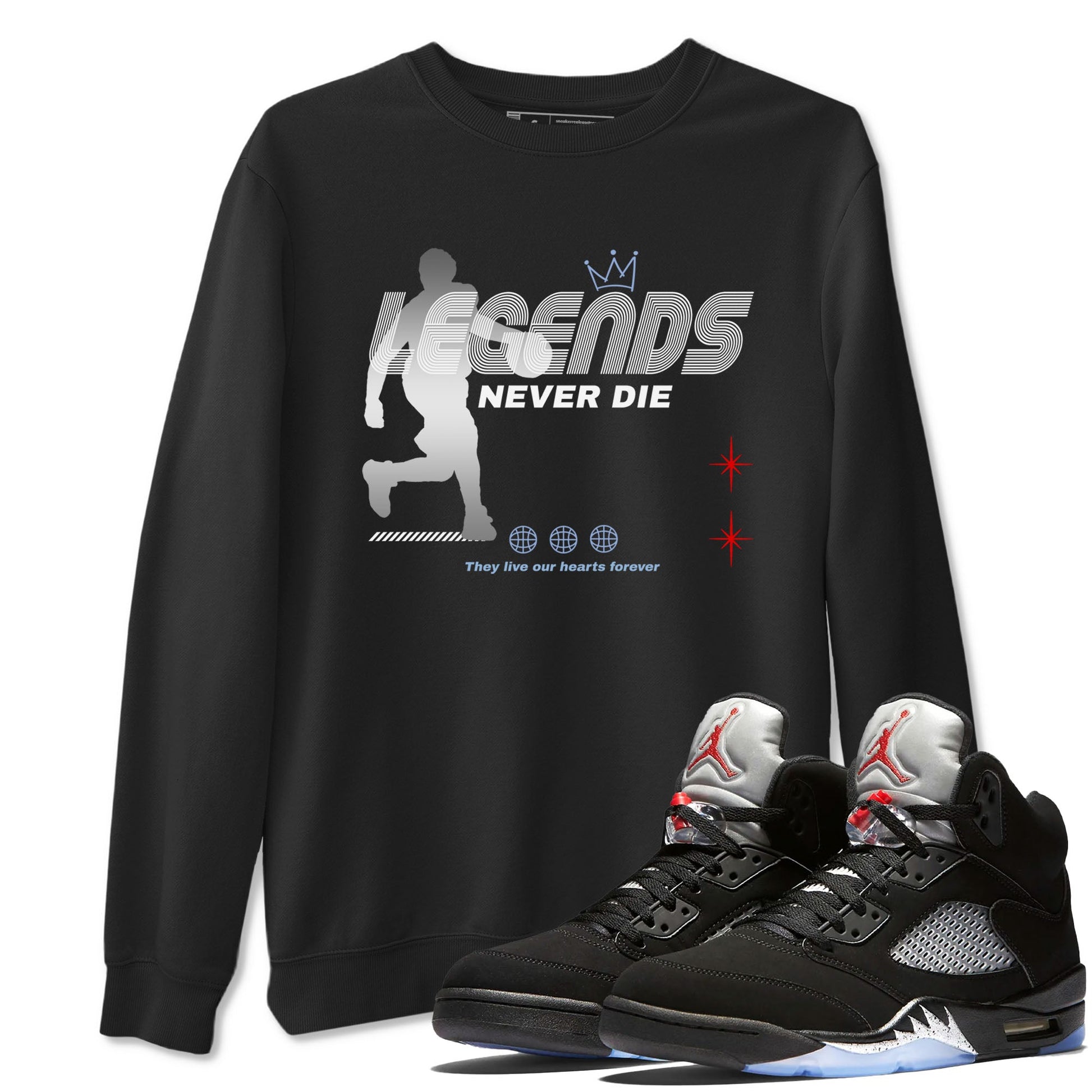 5s Black Metallic Reimagined shirts to match jordans Legends Never Die best t shirts to wear with jordans Air Jordan 5 Reimagined match shoes to clothes SNRT Sneaker Tees unisex cotton Black 1 shirts
