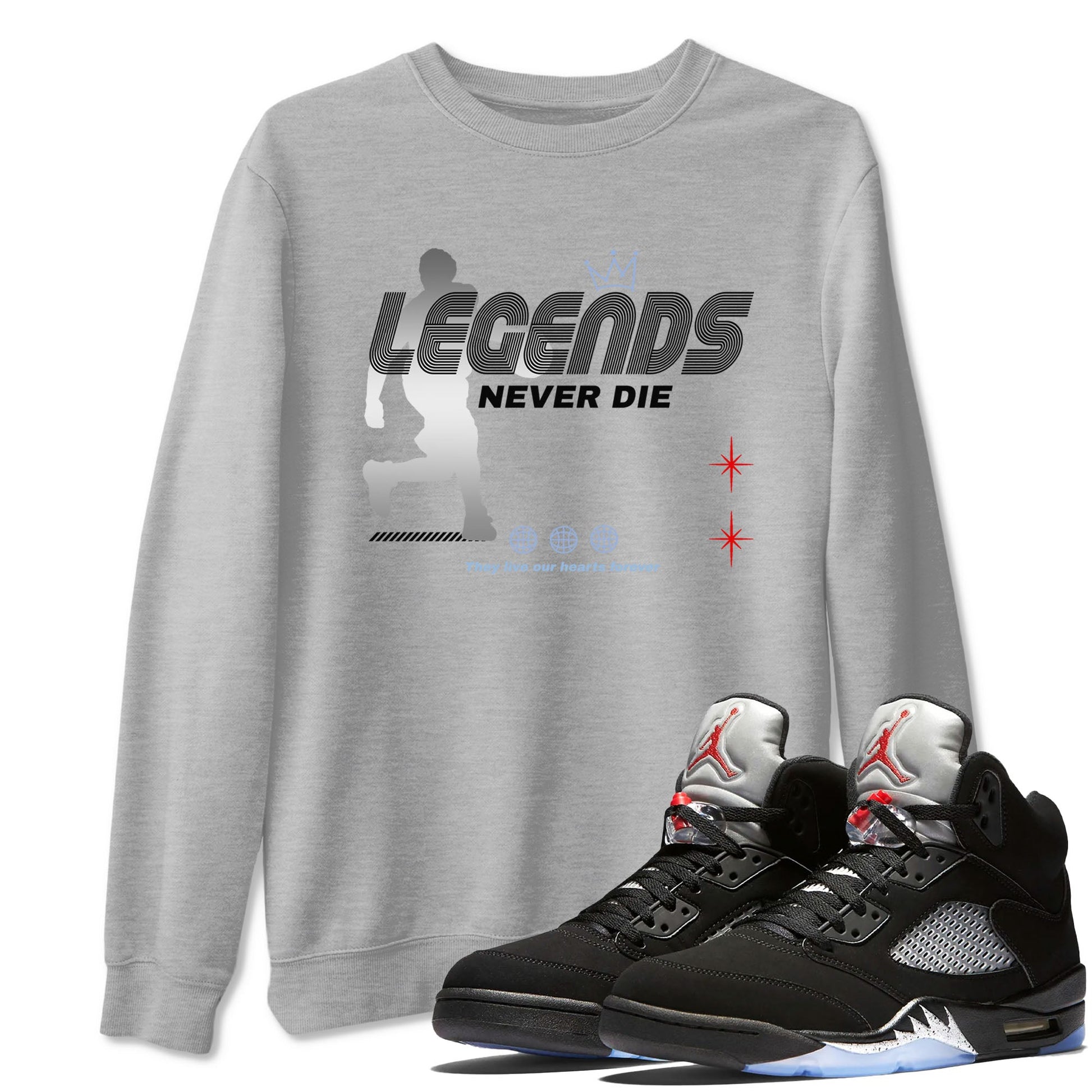 5s Black Metallic Reimagined shirts to match jordans Legends Never Die best t shirts to wear with jordans Air Jordan 5 Reimagined match shoes to clothes SNRT Sneaker Tees unisex cotton Heather Grey 1 shirts