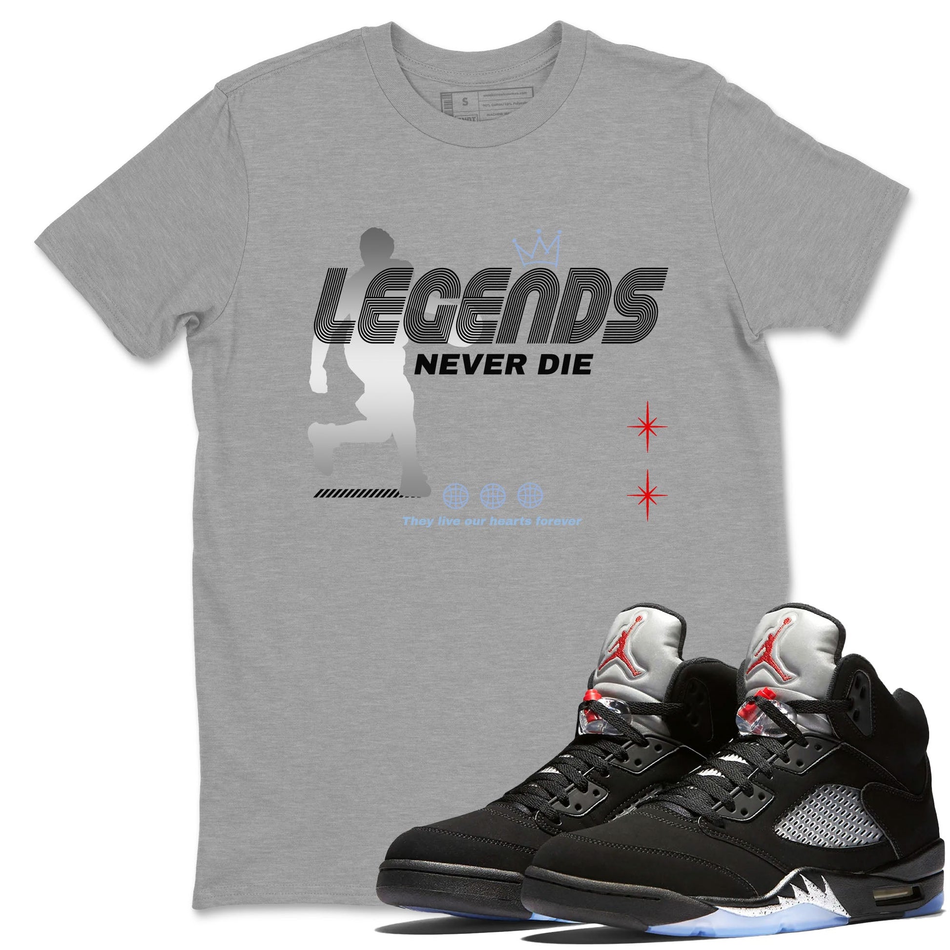 5s Black Metallic Reimagined shirts to match jordans Legends Never Die best t shirts to wear with jordans Air Jordan 5 Reimagined match shoes to clothes SNRT Sneaker Tees unisex cotton Heather Grey 1 shirts