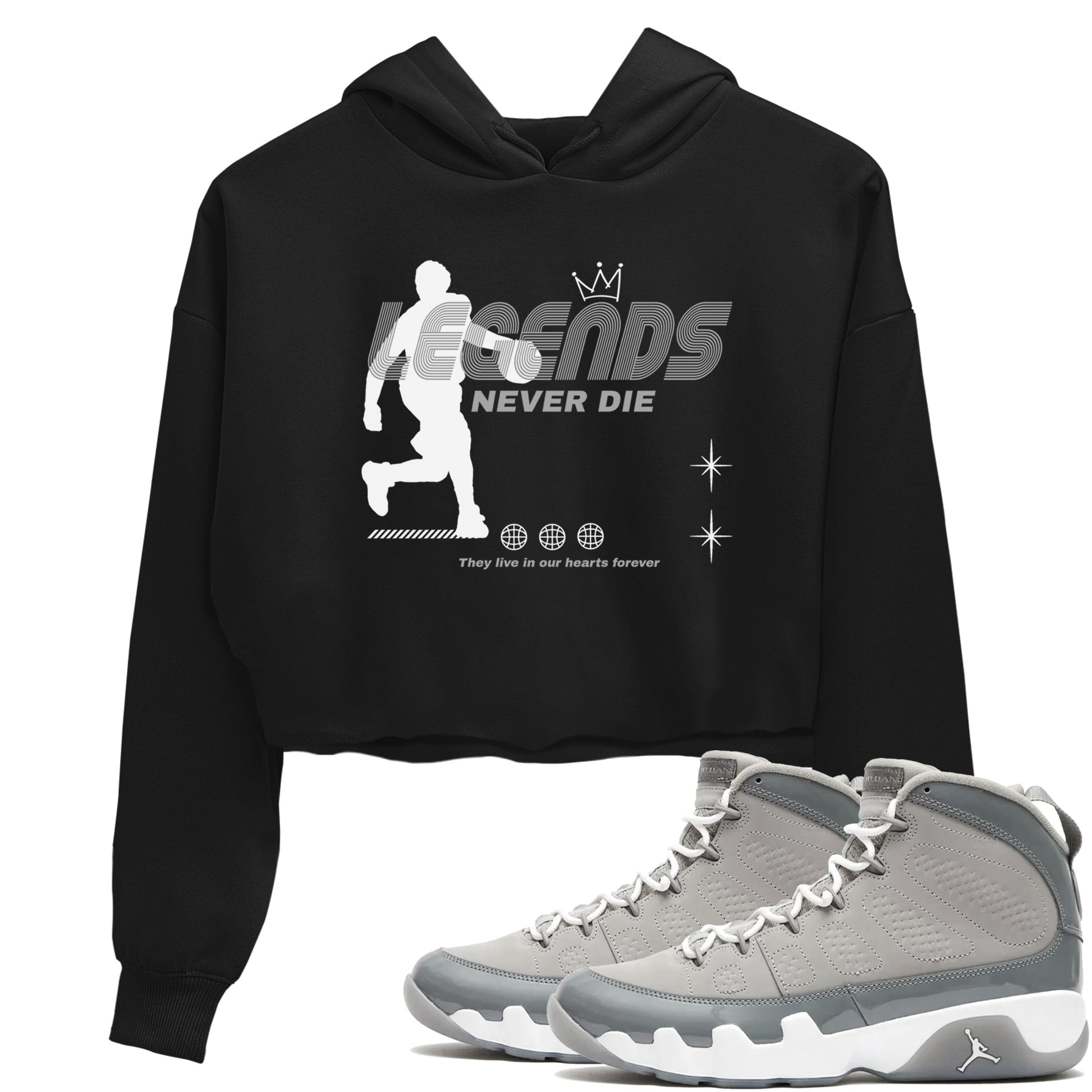 9s Cool Grey shirts to match jordans Legends Never Die sneaker match tees Air Jordan 9 Retro Cool Grey match shoes to clothes SNRT Sneaker Tees unisex cotton Black 1 crop tee