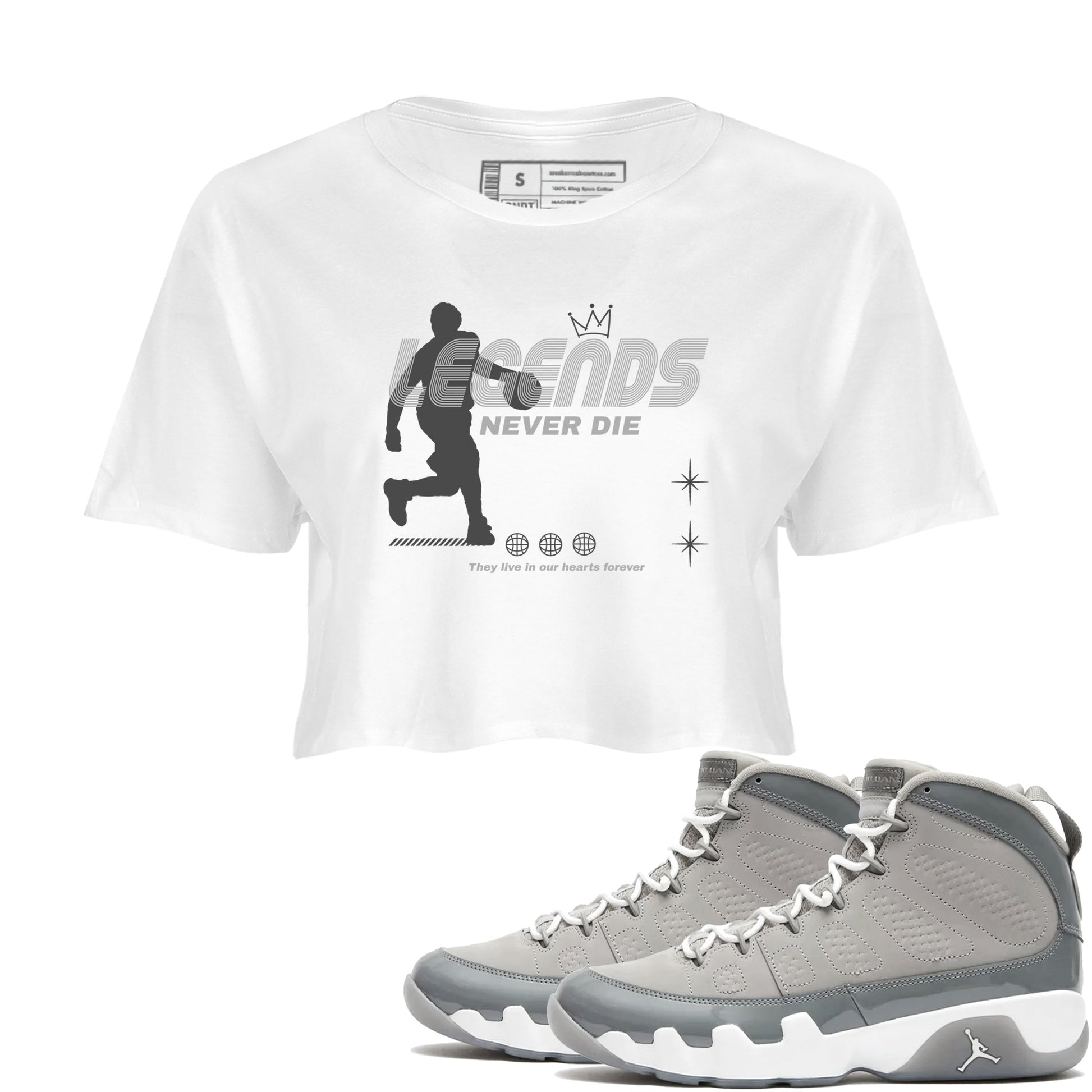 9s Cool Grey shirts to match jordans Legends Never Die sneaker match tees Air Jordan 9 Retro Cool Grey match shoes to clothes SNRT Sneaker Tees unisex cotton White 1 crop tee