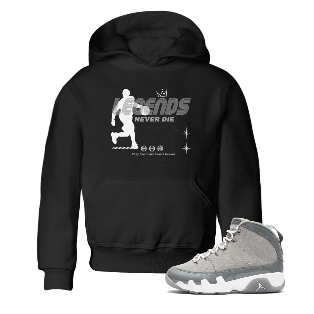 9s Cool Grey shirts to match jordans Legends Never Die sneaker match tees Air Jordan 9 Retro Cool Grey match shoes to clothes SNRT Sneaker Tees Youth Baby Black 1 tee