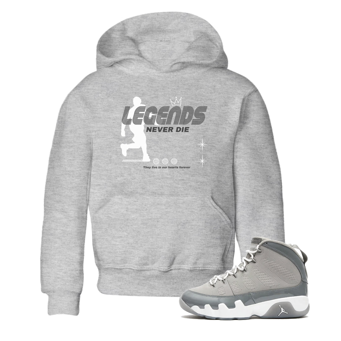 9s Cool Grey shirts to match jordans Legends Never Die sneaker match tees Air Jordan 9 Retro Cool Grey match shoes to clothes SNRT Sneaker Tees Youth Baby Heather Grey 1 tee