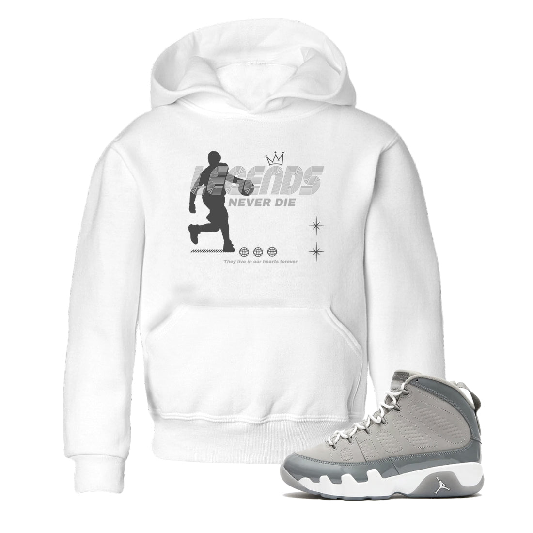9s Cool Grey shirts to match jordans Legends Never Die sneaker match tees Air Jordan 9 Retro Cool Grey match shoes to clothes SNRT Sneaker Tees Youth Baby White 1 tee