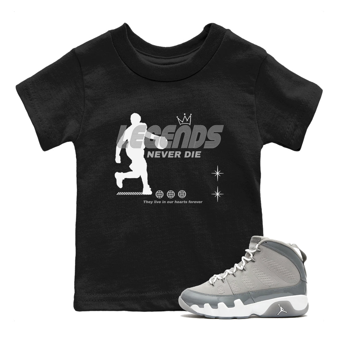 9s Cool Grey shirts to match jordans Legends Never Die sneaker match tees Air Jordan 9 Retro Cool Grey match shoes to clothes SNRT Sneaker Tees Youth Baby Black 1 tee