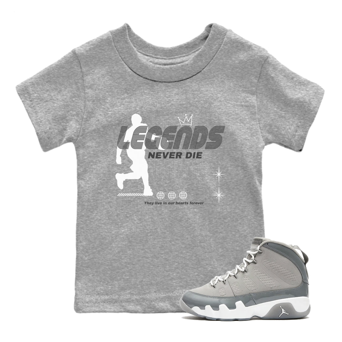 9s Cool Grey shirts to match jordans Legends Never Die sneaker match tees Air Jordan 9 Retro Cool Grey match shoes to clothes SNRT Sneaker Tees Youth Baby Heather Grey 1 tee