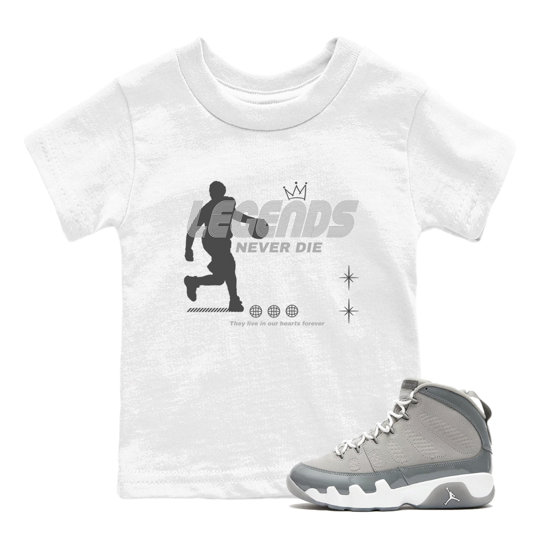 9s Cool Grey shirts to match jordans Legends Never Die sneaker match tees Air Jordan 9 Retro Cool Grey match shoes to clothes SNRT Sneaker Tees Youth Baby White 1 tee