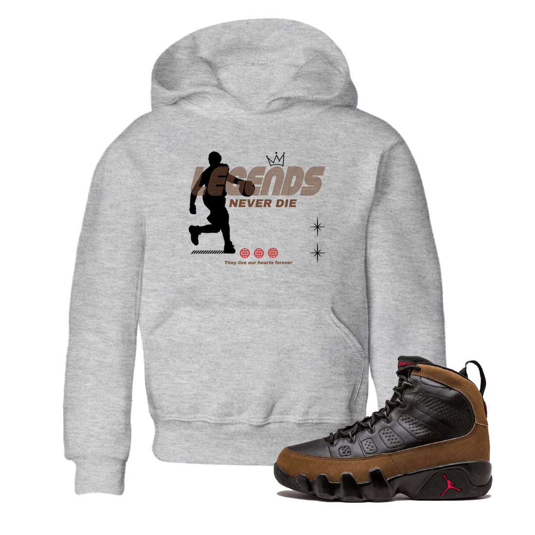 9s Olive shirts to match jordans Legends Never Die sneaker match tees Air Jordan 9 Olive match shoes to clothes SNRT Sneaker Tees Youth Baby Heather Grey 1 tee
