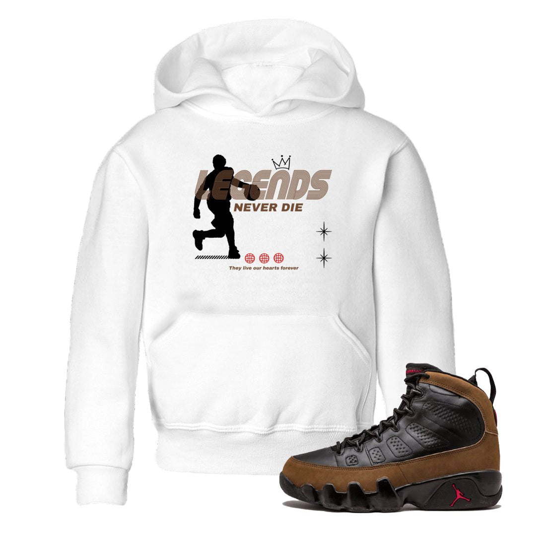 9s Olive shirts to match jordans Legends Never Die sneaker match tees Air Jordan 9 Olive match shoes to clothes SNRT Sneaker Tees Youth Baby White 1 tee