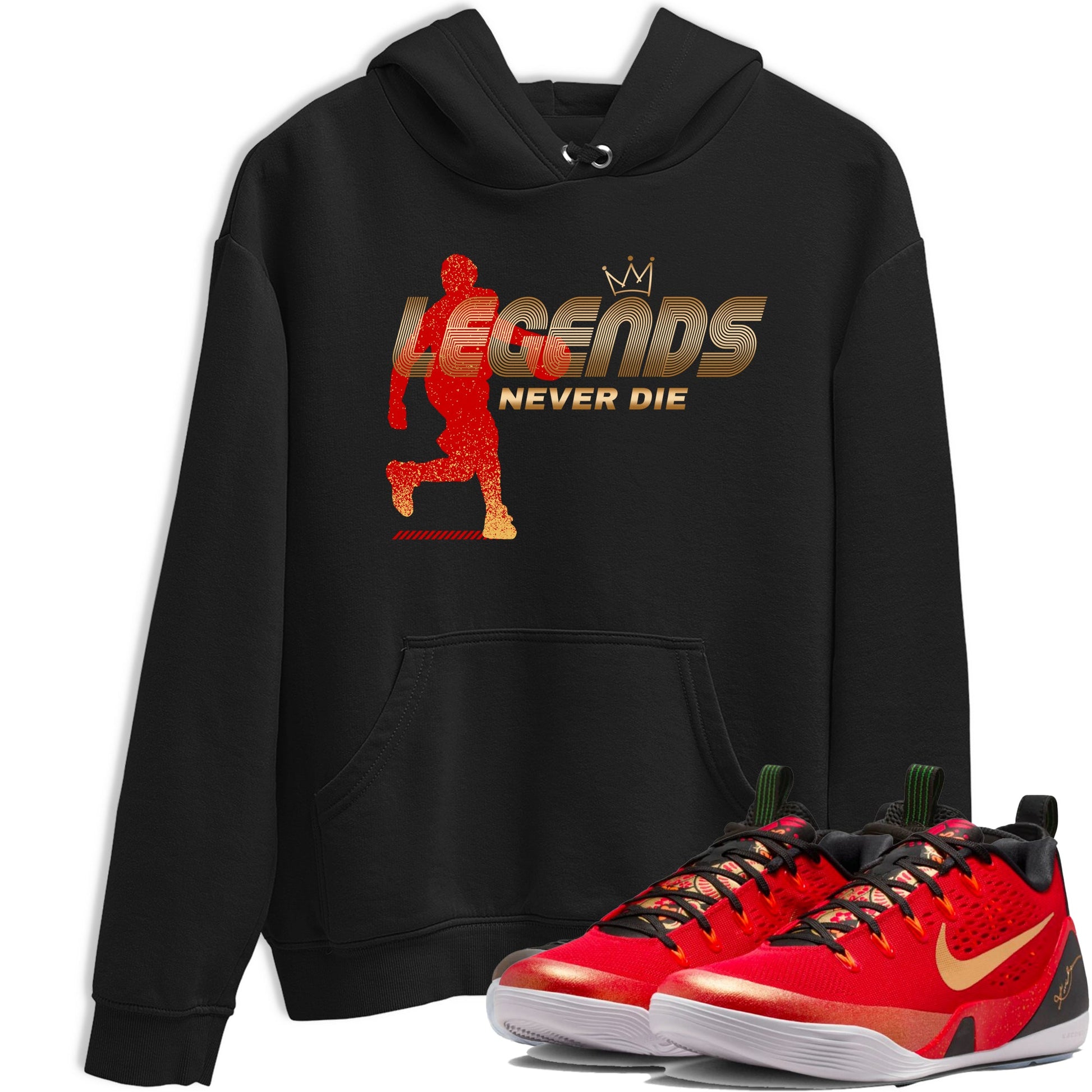 Sneaker match tees – Sneaker Tees To Match Nike KB 9 China Shoes KB 9 University Red and Metallic Gold – Legends Never Die Tee Black 1