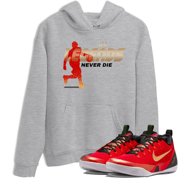 Sneaker match tees – Sneaker Tees To Match Nike KB 9 China Shoes KB 9 University Red and Metallic Gold – Legends Never Die Tee Heather Grey 1