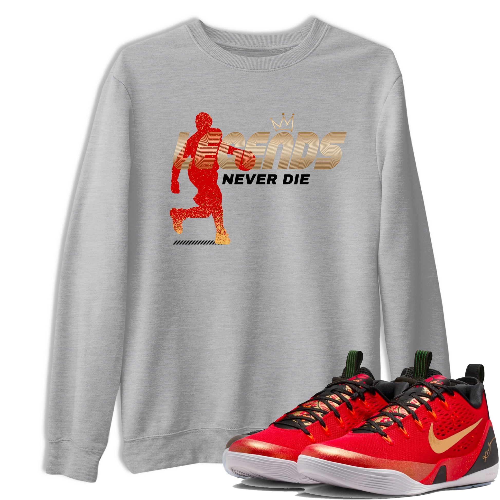 Sneaker match tees – Sneaker Tees To Match Nike KB 9 China Shoes KB 9 University Red and Metallic Gold – Legends Never Die Tee Heather Grey 1