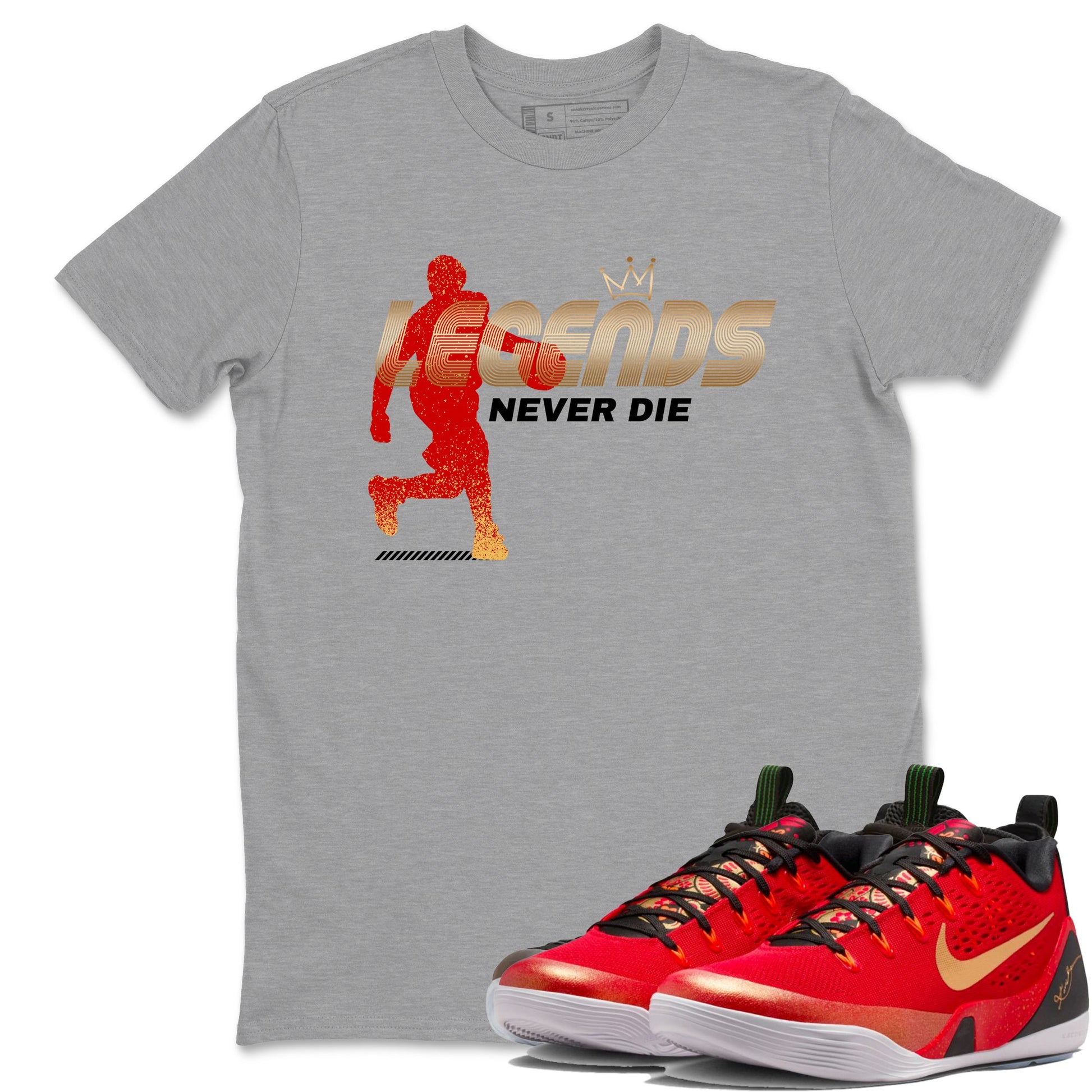 Sneaker match tees – Sneaker Tees To Match Nike KB 9 China Shoes KB 9 University Red and Metallic Gold – Legends Never Die Tee Heather Grey 1