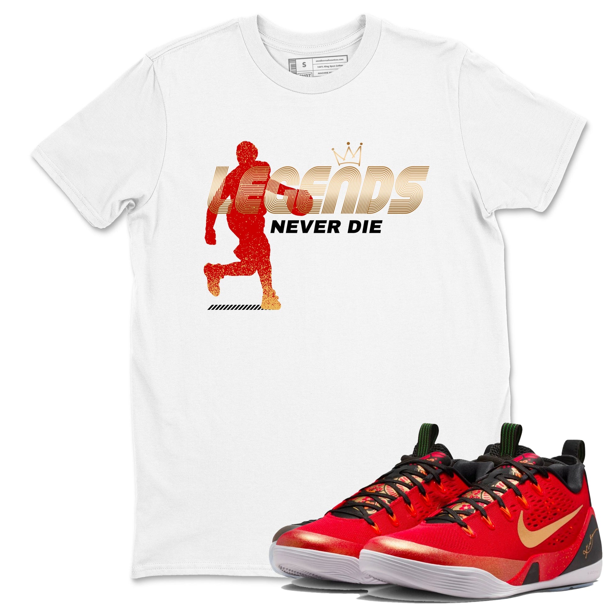 Sneaker match tees – Sneaker Tees To Match Nike KB 9 China Shoes KB 9 University Red and Metallic Gold – Legends Never Die Tee White 1