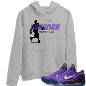 Sneaker Threads – Sneaker Tees To Match Nike KB 9 Hyper Grape – Legends Never Die Graphic Tee Heather Grey 1. Perfect for Jordan releases 2025 colorways. Perfect for purple basketball sneaker releases and legacy-inspired colorways for 2025 hoopers.