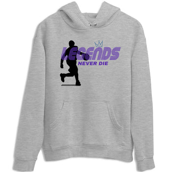 Sneaker Threads – Sneaker Tees To Match Nike KB 9 Hyper Grape – Legends Never Die Graphic Tee Heather Grey 2. Perfect for Jordan releases 2025 colorways. Perfect for purple basketball sneaker releases and legacy-inspired colorways for 2025 hoopers.