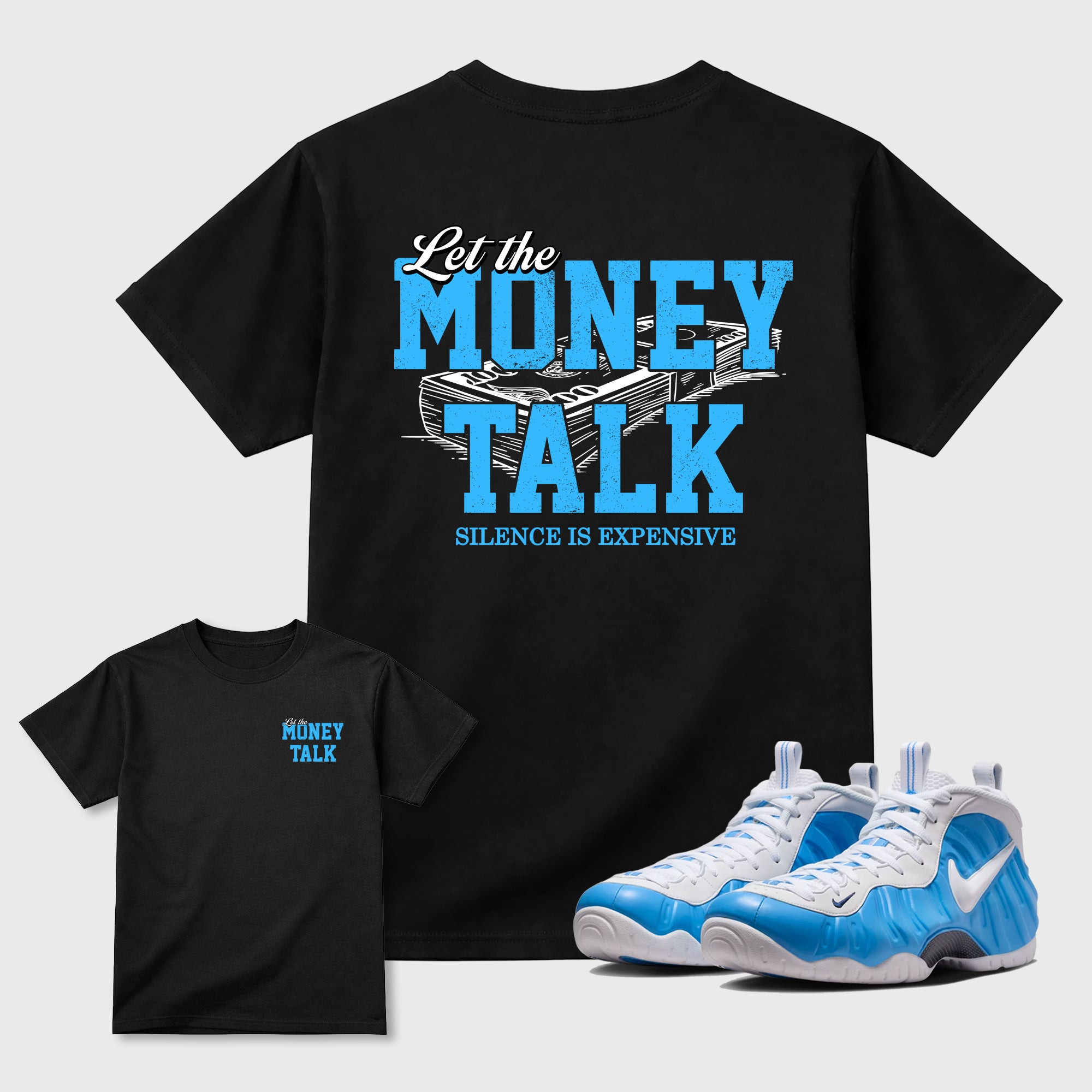 Let The Money Talk sneaker match t-shirt styled to complete your fit with the sneakers, Double side graphic tee. shown in Black.