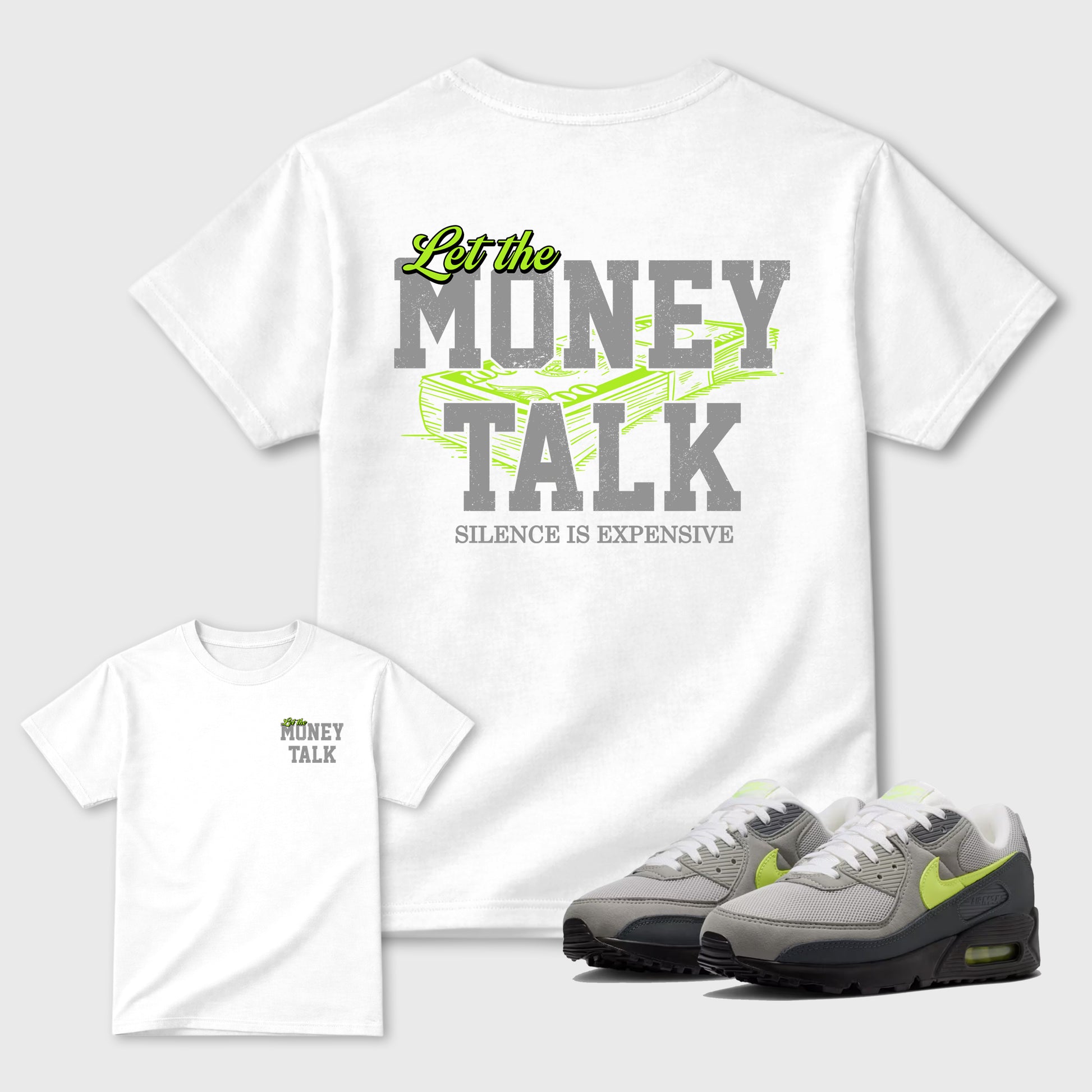 Let the Money Talk sneaker match t-shirt styled to complete your fit with the Air Max 90 Neon Yellow sneakers, shown in Cool Grey.