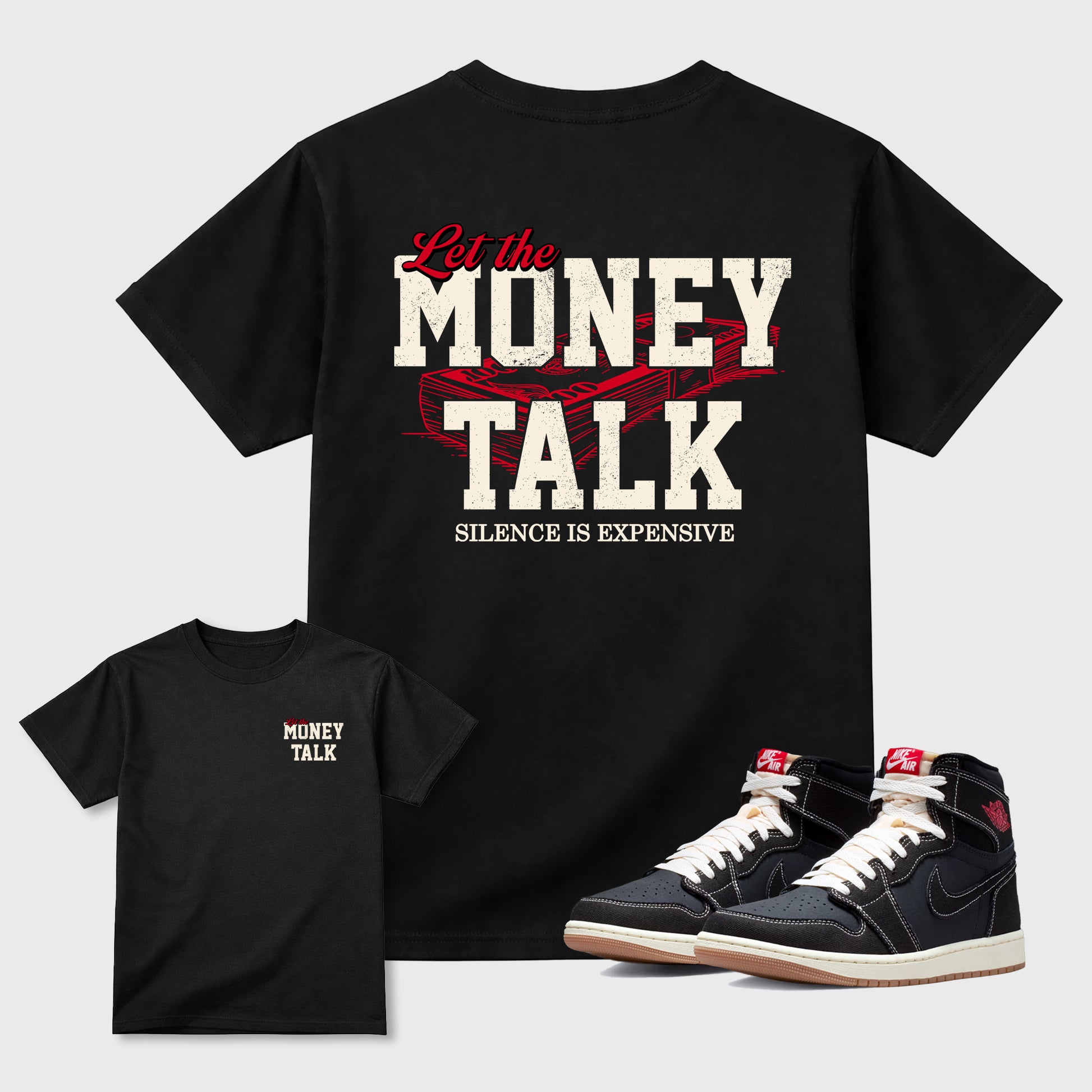 Let the Money Talkgraphic t-shirt. Streetwear sneakerfit. Sneaker outfit. Complete your fit with the Air Jordan 1 Flight Club sneakers, shown in Black.