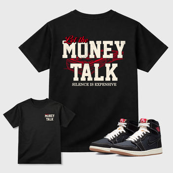 Let the Money Talkgraphic t-shirt. Streetwear sneakerfit. Sneaker outfit. Complete your fit with the Air Jordan 1 Flight Club sneakers, shown in Black.