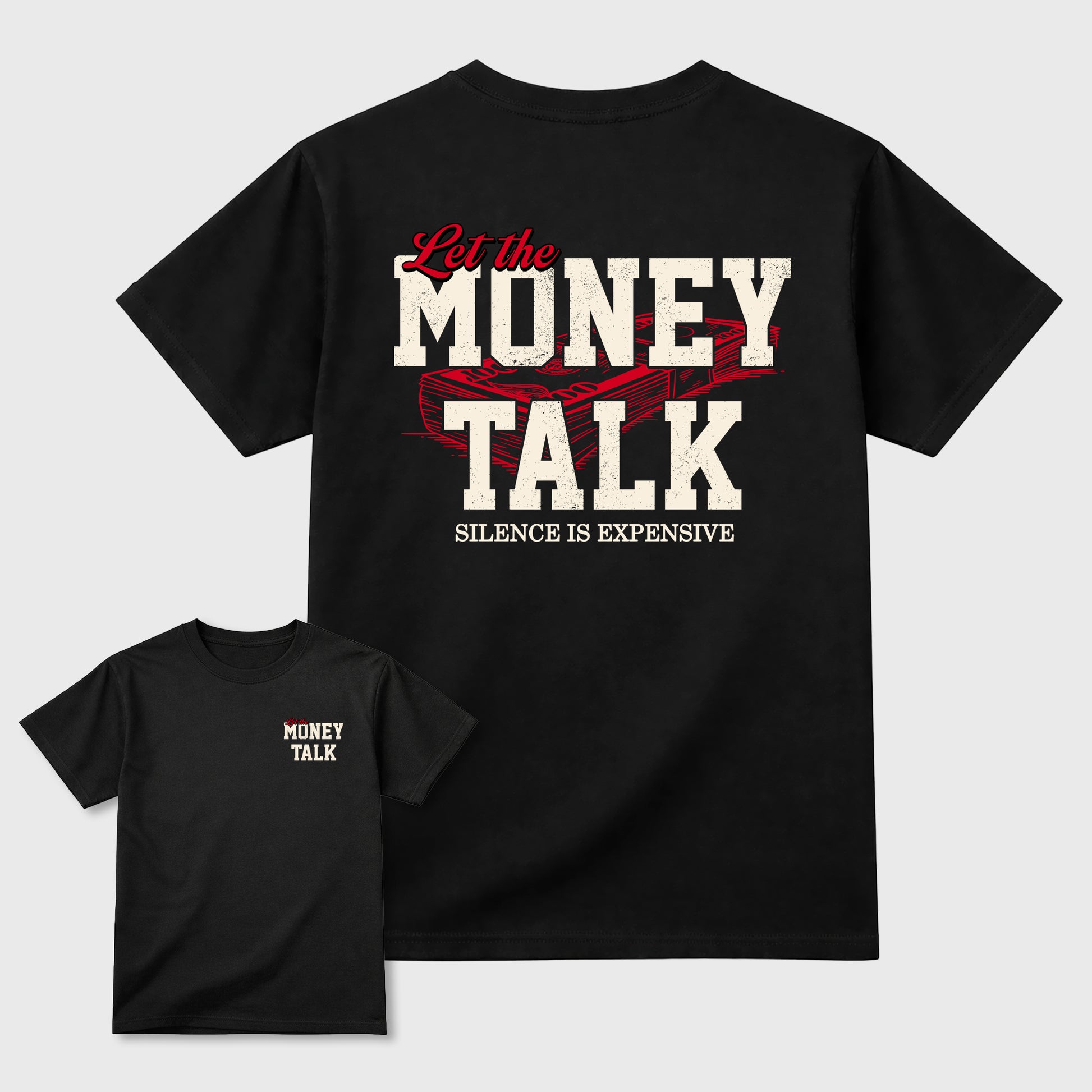 Let the Money Talkgraphic t-shirt. Streetwear sneakerfit. Sneaker outfit. Complete your fit with the AJ1 Flight Club sneakers,, shown in Black.