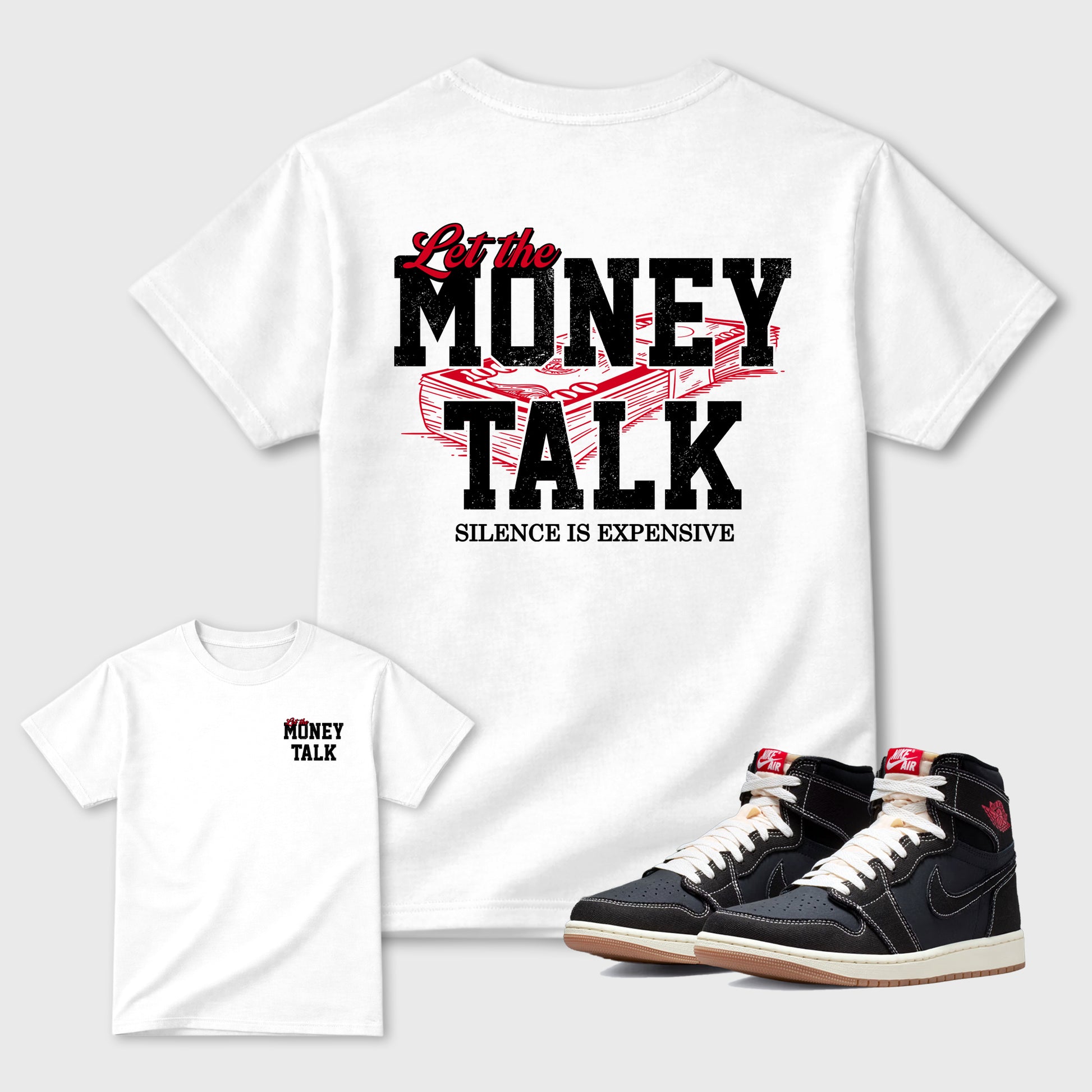 Let the Money Talkgraphic t-shirt. Streetwear sneakerfit. Sneaker outfit. Complete your fit with the AJ1 Flight Club sneakers,, shown in White.