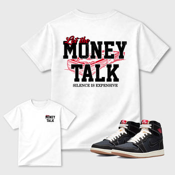 Let the Money Talkgraphic t-shirt. Streetwear sneakerfit. Sneaker outfit. Complete your fit with the AJ1 Flight Club sneakers,, shown in White.