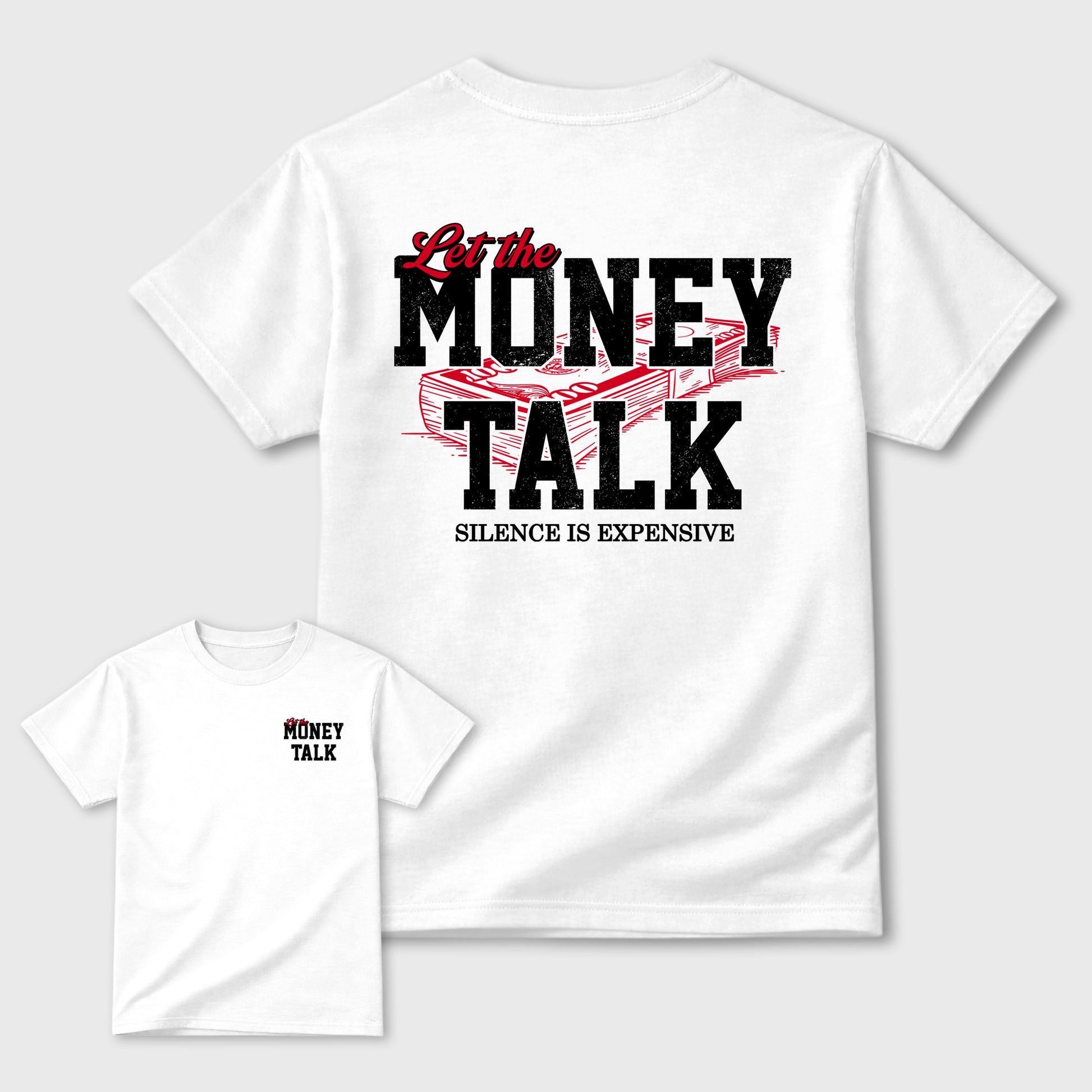 Let the Money Talkgraphic t-shirt. Streetwear sneakerfit. Sneaker outfit. Complete your fit with the AJ1 Flight Club sneakers,, shown in White.