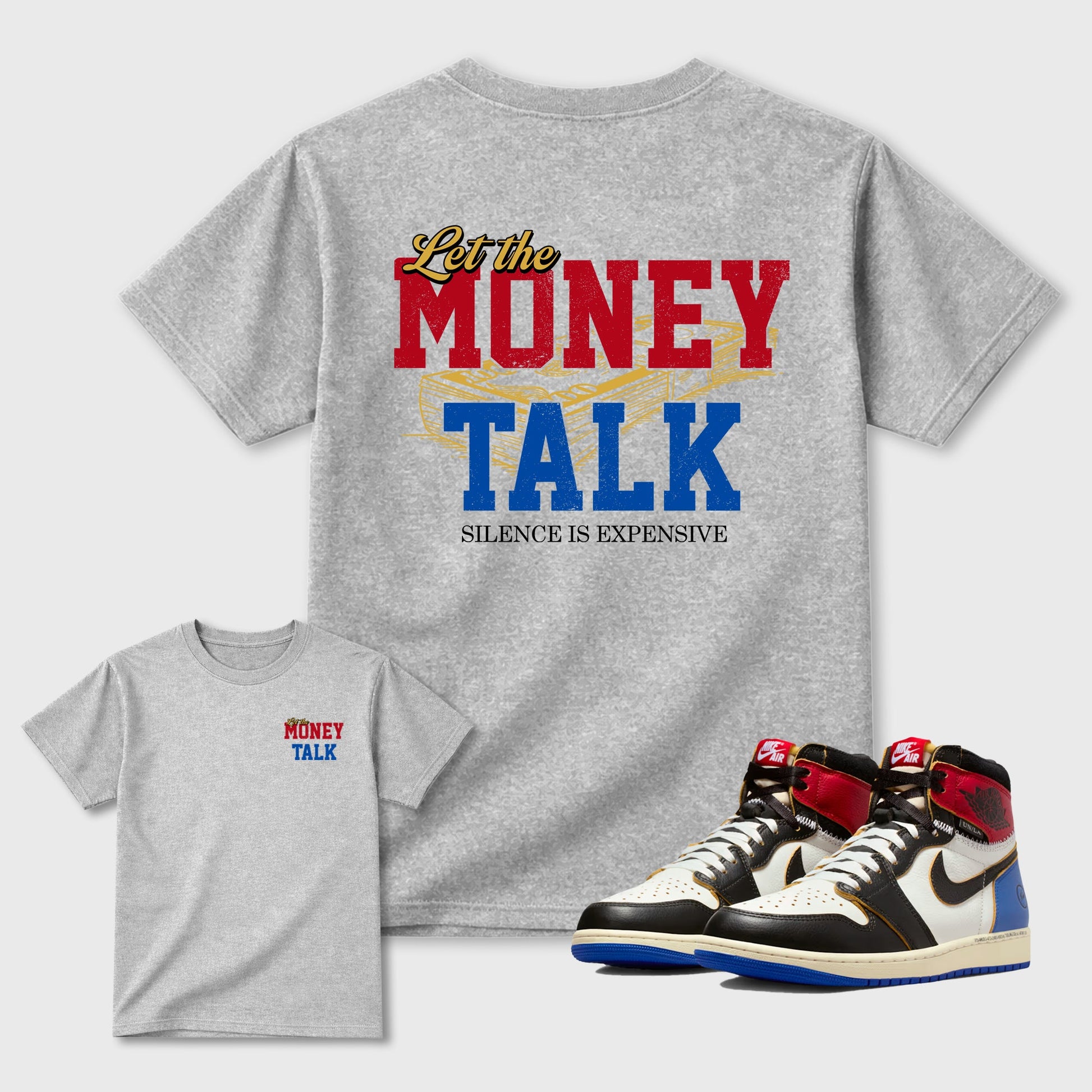 Let the Money Talk sneaker match t-shirt styled to complete your fit with the sneakers, shown in Heather Grey.