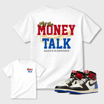 Let the Money Talk sneaker match t-shirt styled to complete your fit with the Air Jordan 1 Union x Fragment sneakers, shown in White.