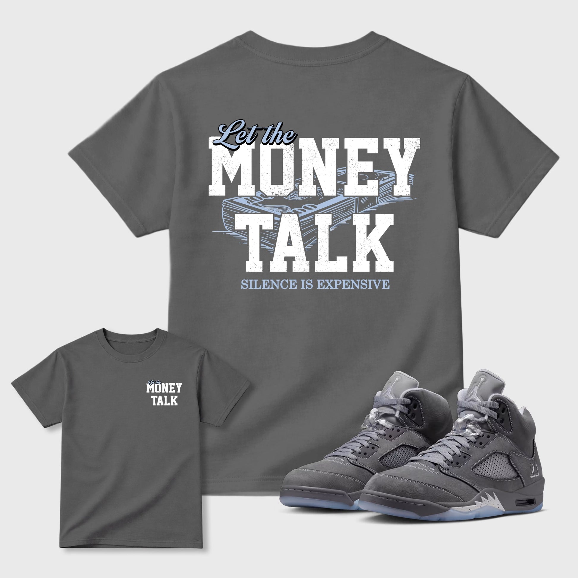 Let the Money Talk sneaker match t-shirt styled to complete your fit with the sneakers, shown in Cool Grey.