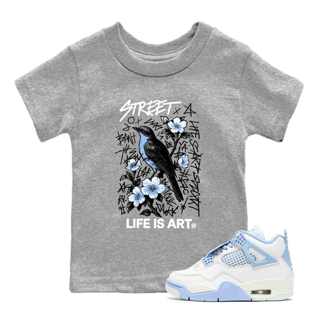 Air Jordan 4 Forget Me Not t-shirts to match jordans Life Is Art sneaker match tees 4s blue graphic tee for sneakerheads SNRT Sneaker Tees Youth Baby Heather Grey 1 tee
