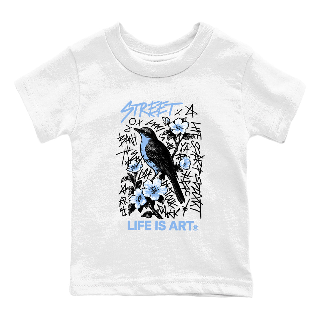 Air Jordan 4 Forget Me Not t-shirts to match jordans Life Is Art sneaker match tees 4s blue graphic tee for sneakerheads SNRT Sneaker Tees Youth Baby White 2 tee
