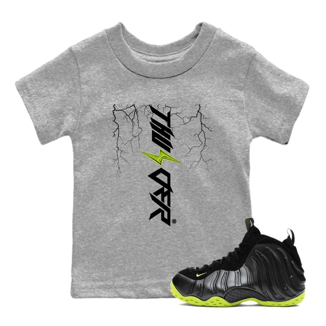 Foams One Black Volt best t shirts to wear with jordans Lightning Thunder sneaker match tees Air Foamposite One Black Volt match shoes to clothes SNRT Sneaker Tees Youth Baby Heather Grey 1 tee