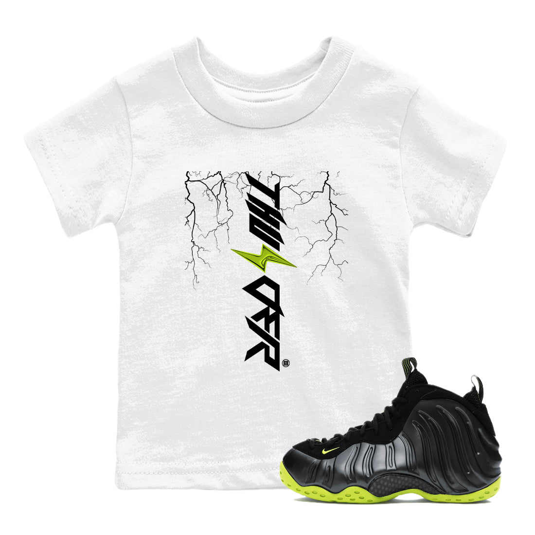 Foams One Black Volt best t shirts to wear with jordans Lightning Thunder sneaker match tees Air Foamposite One Black Volt match shoes to clothes SNRT Sneaker Tees Youth Baby White 1 tee
