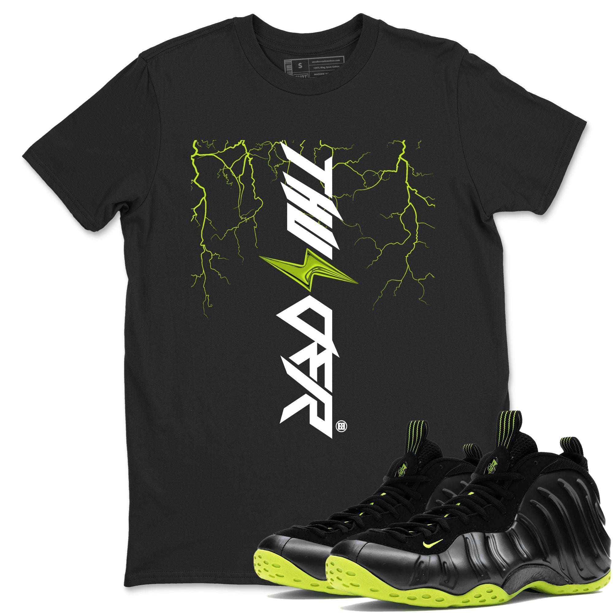Foams One Black Volt best t shirts to wear with jordans Lightning Thunder sneaker match tees Air Foamposite One Black Volt match shoes to clothes SNRT Sneaker Tees unisex cotton Black 1 shirts
