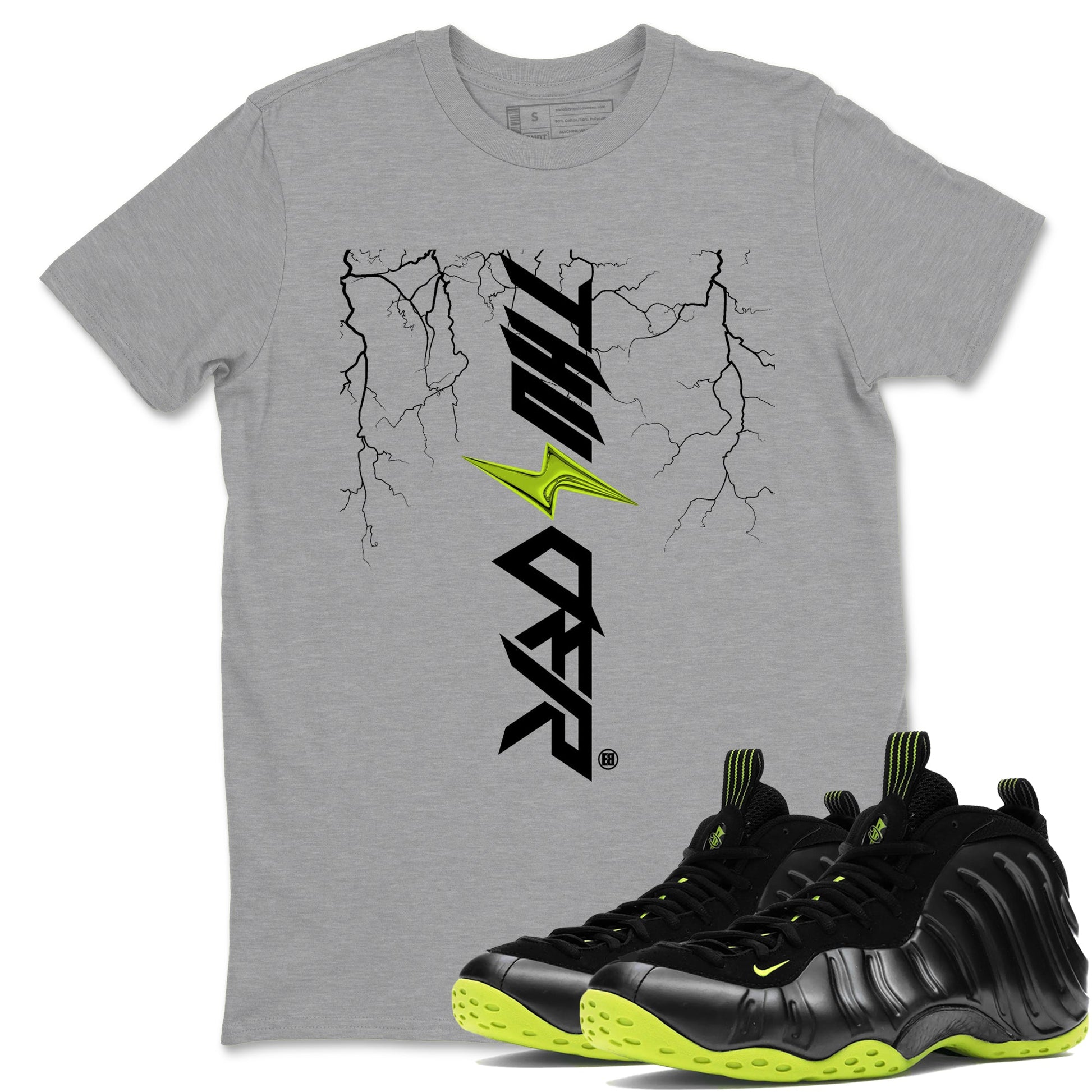 Foams One Black Volt best t shirts to wear with jordans Lightning Thunder sneaker match tees Air Foamposite One Black Volt match shoes to clothes SNRT Sneaker Tees unisex cotton Heather Grey 1 shirts