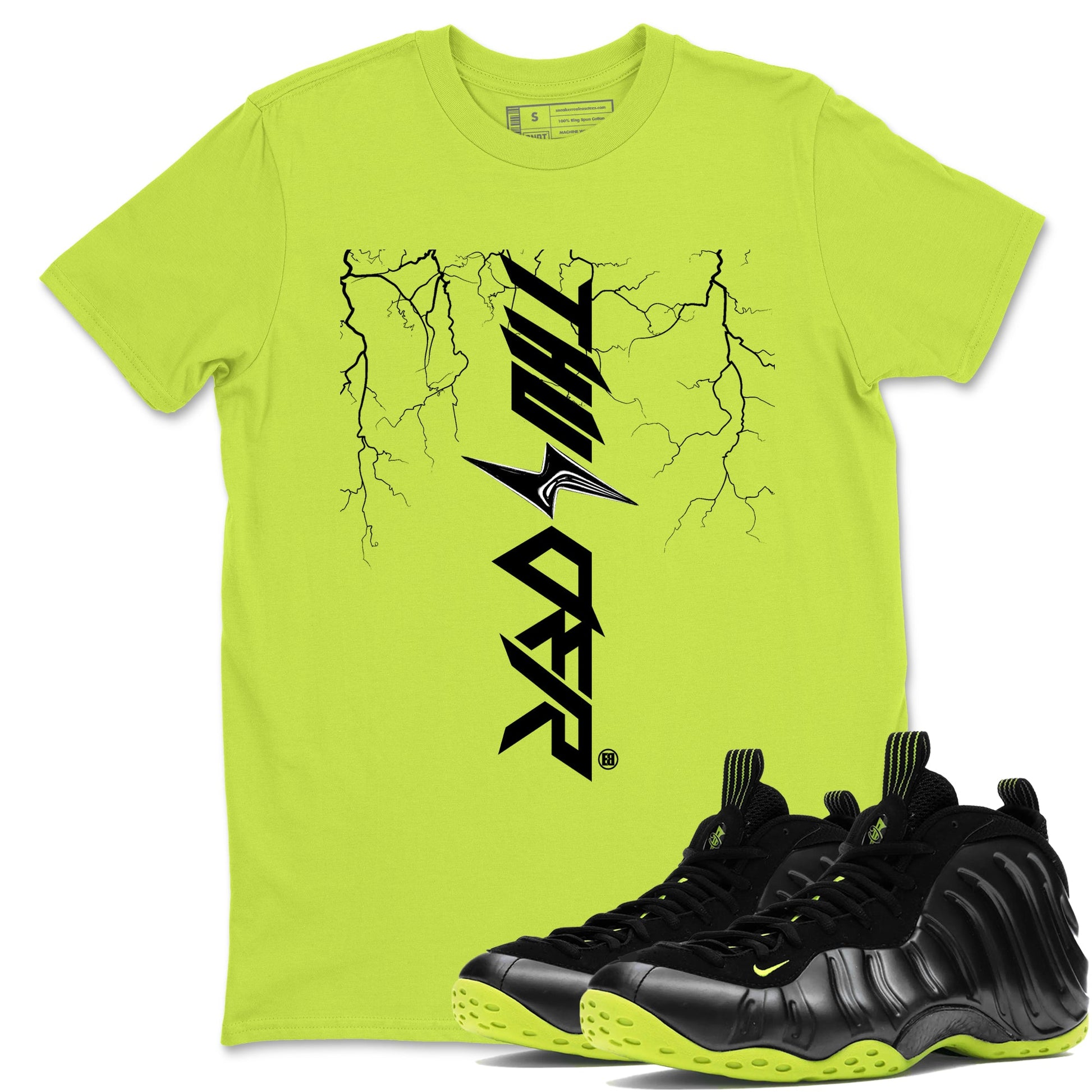 Foams One Black Volt best t shirts to wear with jordans Lightning Thunder sneaker match tees Air Foamposite One Black Volt match shoes to clothes SNRT Sneaker Tees unisex cotton Safety Green 1 shirts