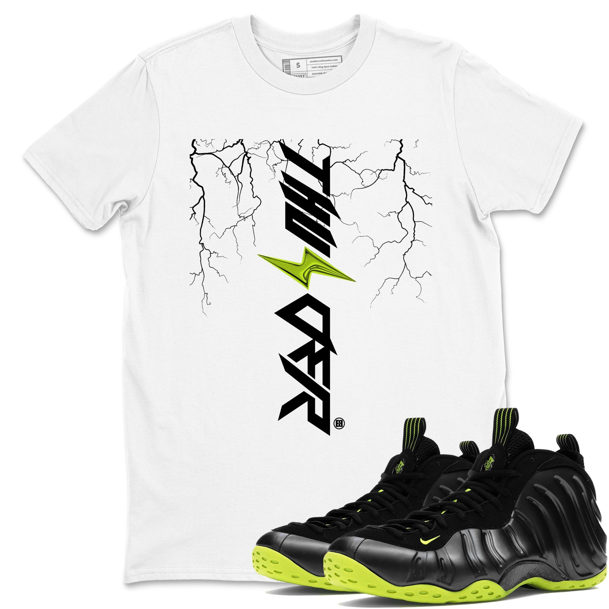 Foams One Black Volt best t shirts to wear with jordans Lightning Thunder sneaker match tees Air Foamposite One Black Volt match shoes to clothes SNRT Sneaker Tees unisex cotton White 1 shirts