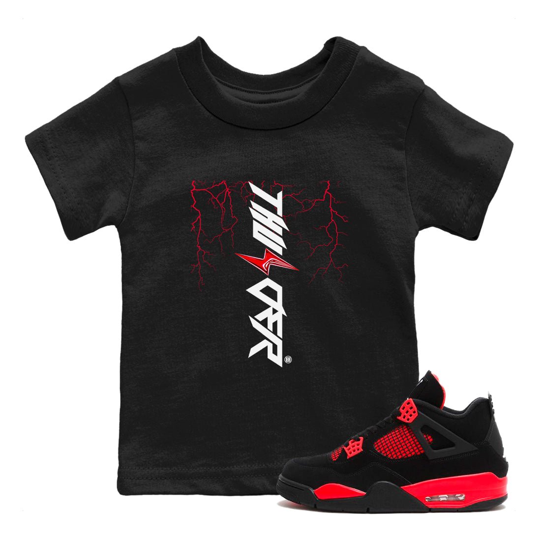 4s Red Thunder shirts to match jordans Lightning Thunder sneaker match tees Air Jordan 4 Red Thunder SNRT Sneaker Tees streetwear brand Baby and Youth Black 1 cotton tee