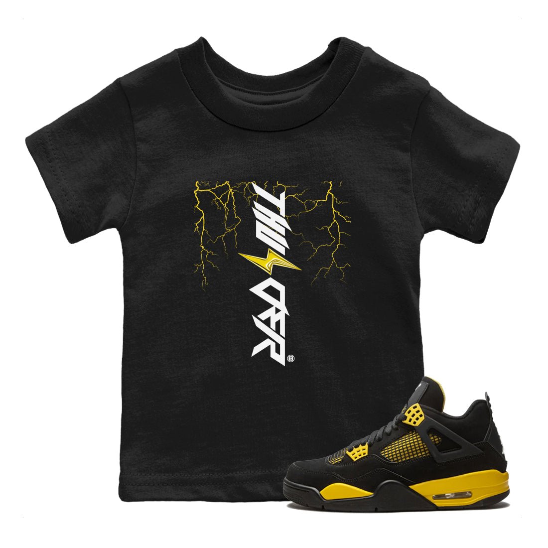 AJ4 Thunder shirts to match jordans Lightning Thunder sneaker match tees Air Jordan 4 Thunder SNRT Sneaker Tees streetwear brand Baby and Youth Black 1 cotton tee