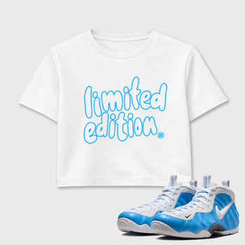 Best Sneakerfit Graphic Tee. Graphic Outfits. Sneaker Tees To Match Air Foamposite Pro University Blue Sneakers – Limited Edition Crop T-Shirt White 1