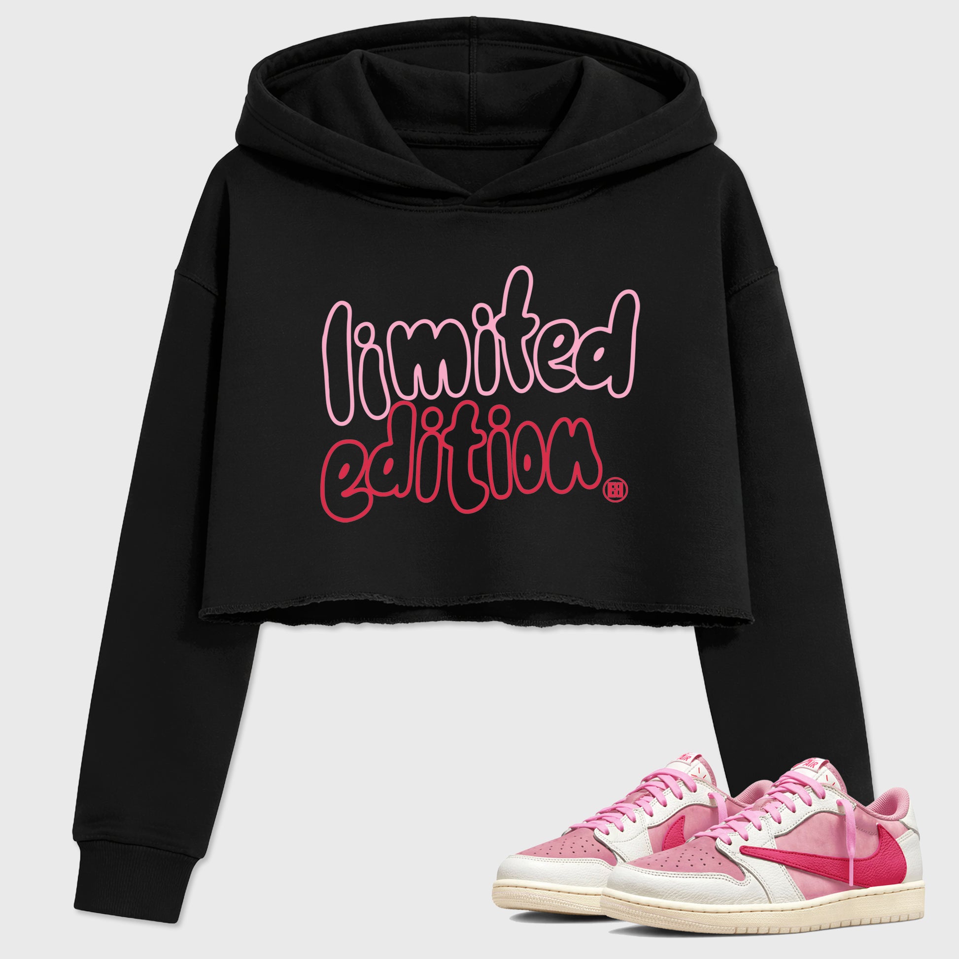 Perfect Sneakerhead Fashion Outfits – Sneaker Tees To Match Air Jordan 1 Low OG x Travis Scott Tropical Pink Shoes – Limited Edition Graphic Crop Top Black 1