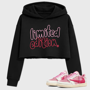 Perfect Sneakerhead Fashion Outfits – Sneaker Tees To Match Air Jordan 1 Low OG x Travis Scott Tropical Pink Shoes – Limited Edition Graphic Crop Top Black 1