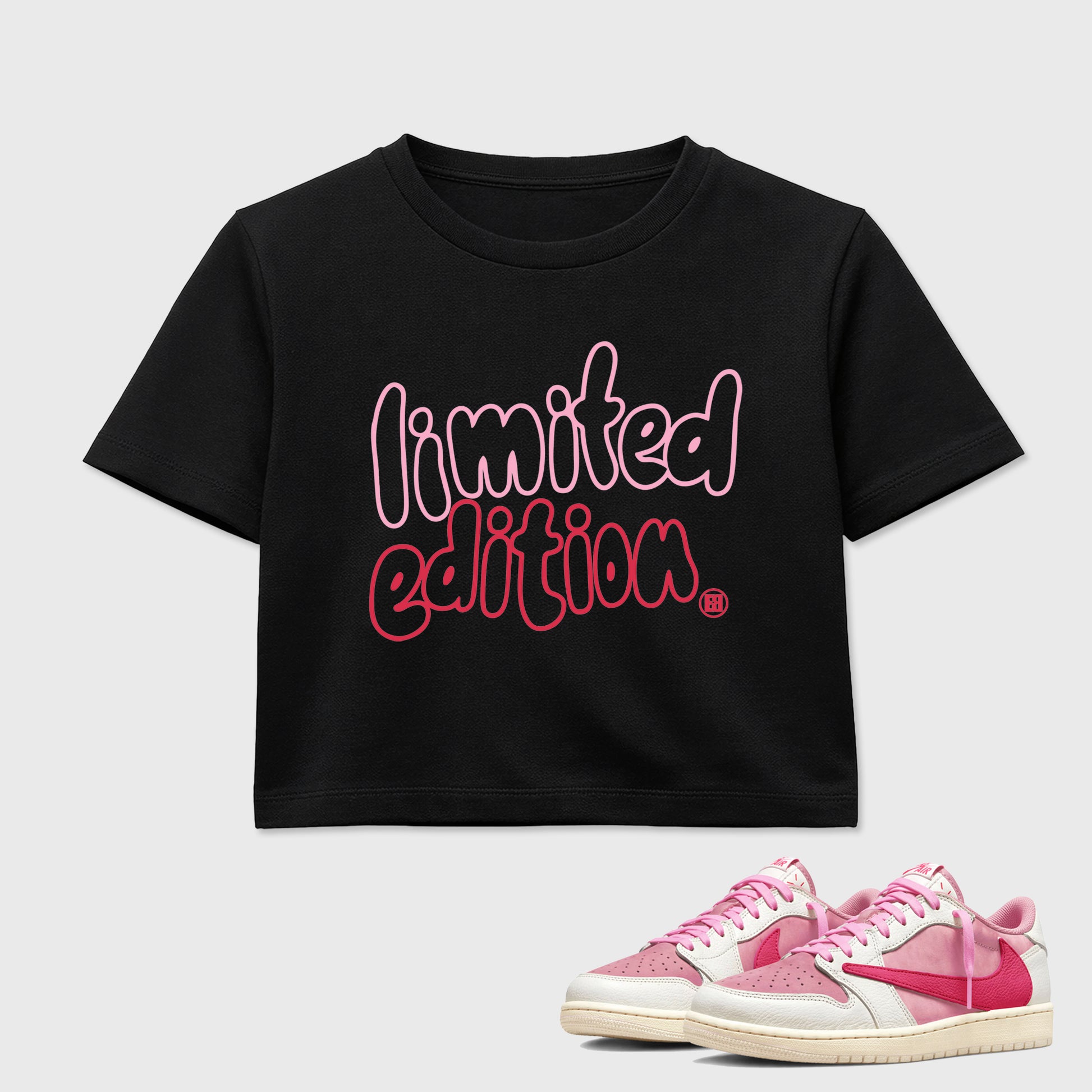Perfect Sneakerhead Fashion Outfits – Sneaker Tees To Match Air Jordan 1 Low OG x Travis Scott Tropical Pink Shoes – Limited Edition Graphic Crop Top Black 1