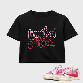 Perfect Sneakerhead Fashion Outfits – Sneaker Tees To Match Air Jordan 1 Low OG x Travis Scott Tropical Pink Shoes – Limited Edition Graphic Crop Top Black 1