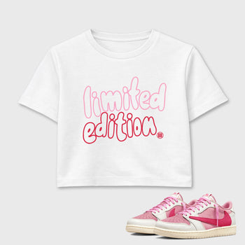 Perfect Sneakerhead Fashion Outfits – Sneaker Tees To Match Air Jordan 1 Low OG x Travis Scott Tropical Pink Shoes – Limited Edition Graphic Crop Top White 1